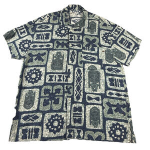 VTG Rusty Mens Shirt L Blue Green Tiki Luau Hawaiian Tribal Totem Gods Aztec
